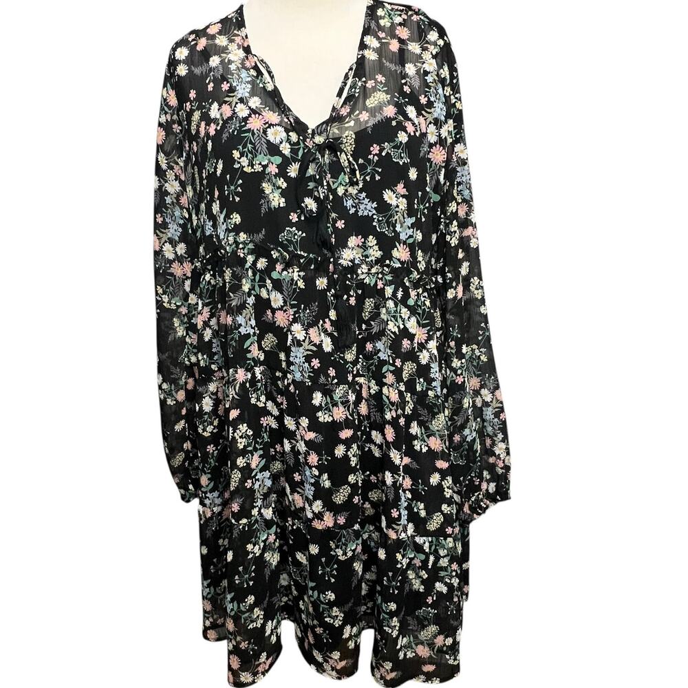Gypsies & Moondust Babydoll Dress Womens L Black Floral Sheer Fairy Peasant Boho